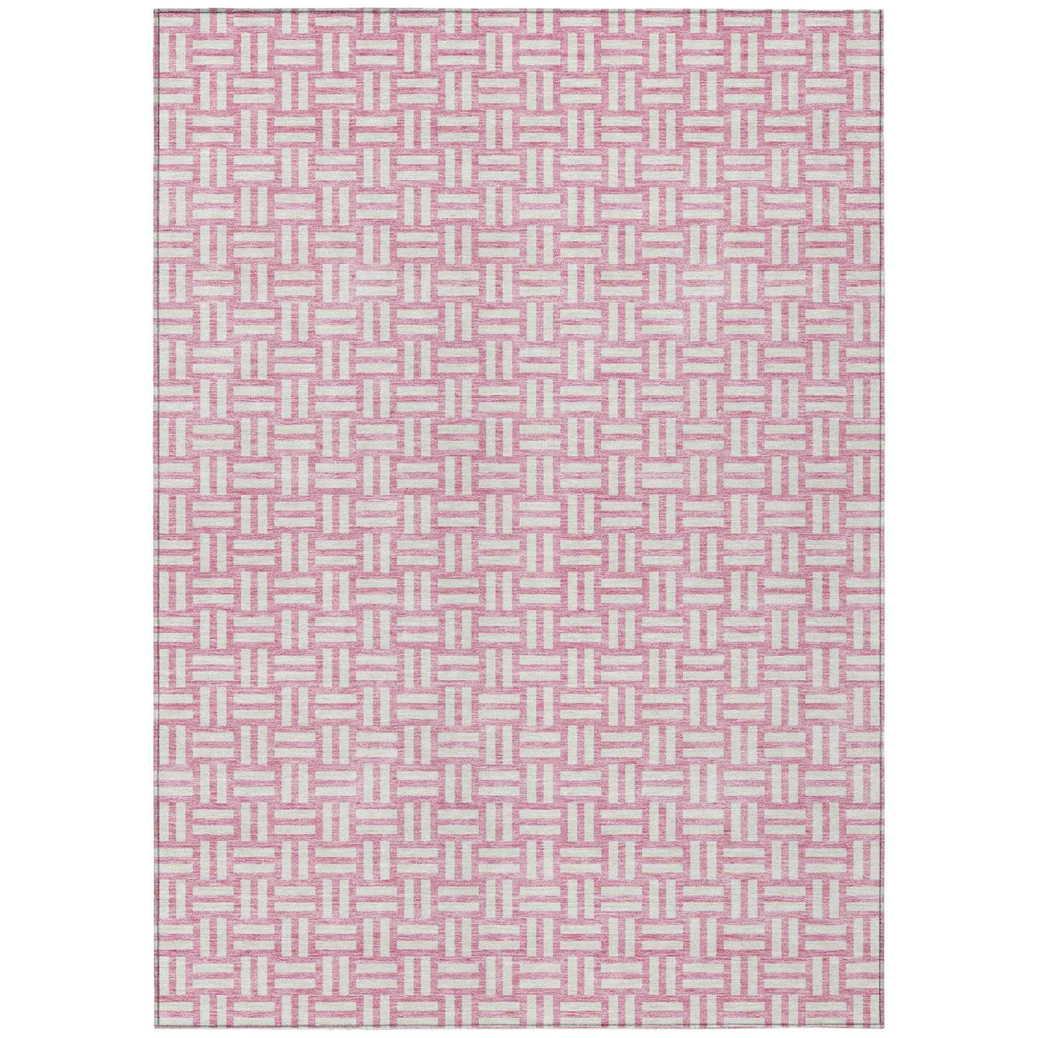 10' X 14' Pink And Ivory Geometric Washable Indoor Outdoor Area Rug