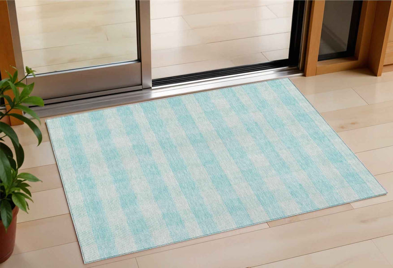 3' X 5' Aqua And Ivory Plaid Washable Indoor Outdoor Area Rug