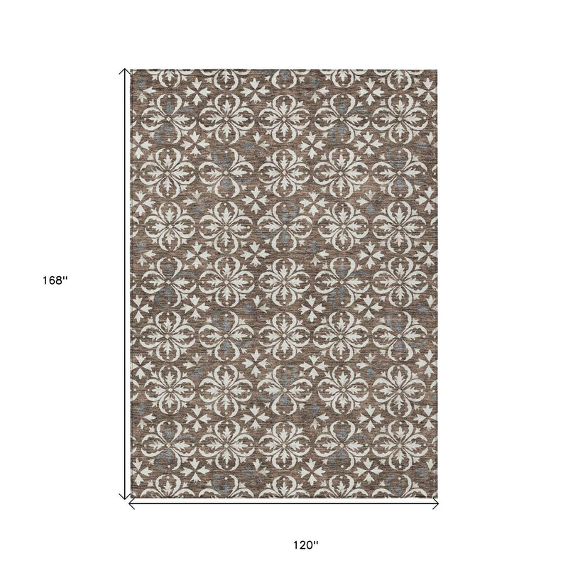 10' X 14' Brown Gray And Beige Floral Washable Indoor Outdoor Area Rug