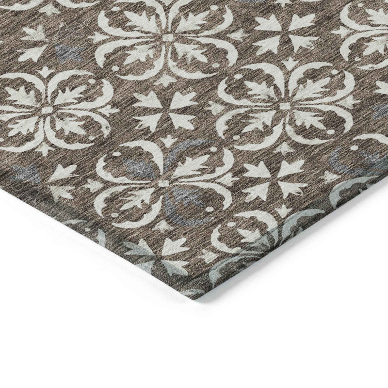 10' X 14' Brown Gray And Beige Floral Washable Indoor Outdoor Area Rug