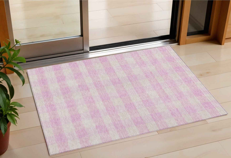 3' X 5' Pink And Gray Plaid Washable Indoor Outdoor Area Rug