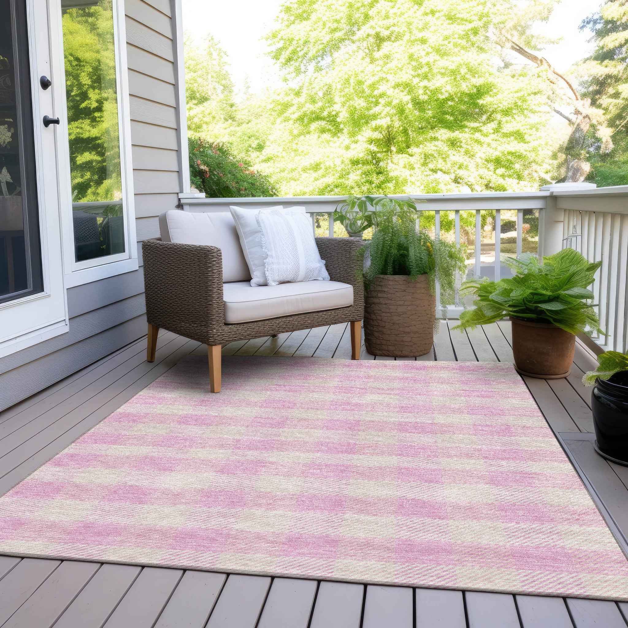 3' X 5' Pink And Gray Plaid Washable Indoor Outdoor Area Rug