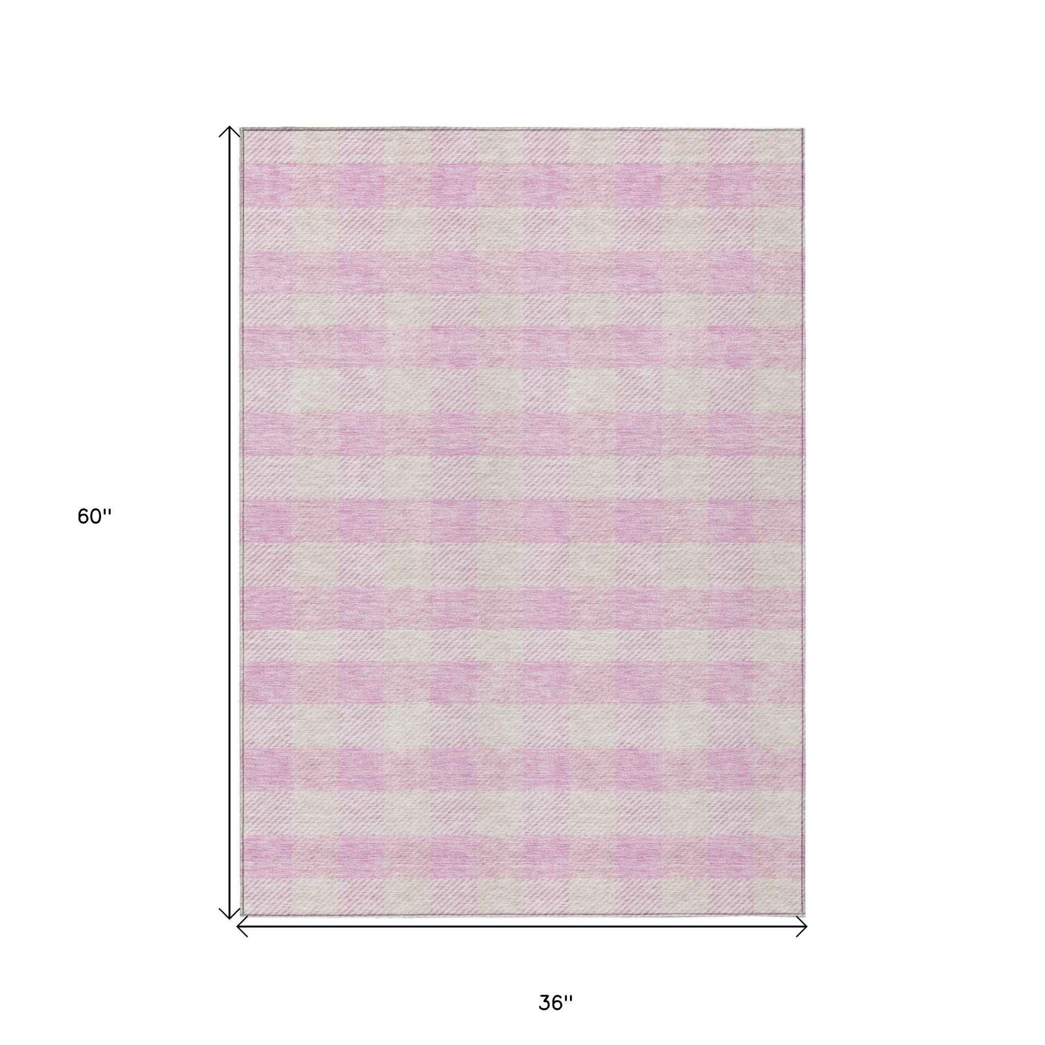 3' X 5' Pink And Gray Plaid Washable Indoor Outdoor Area Rug