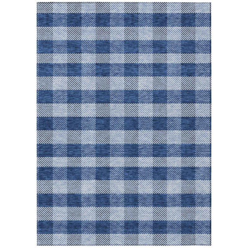 9' X 12' Navy Blue And Ivory Plaid Washable Indoor Outdoor Area Rug