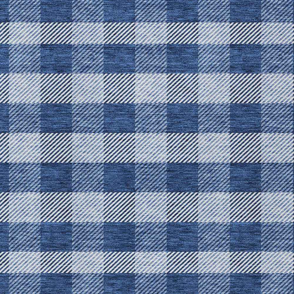 9' X 12' Navy Blue And Ivory Plaid Washable Indoor Outdoor Area Rug