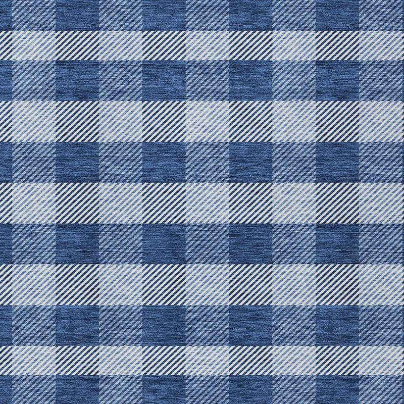 9' X 12' Navy Blue And Ivory Plaid Washable Indoor Outdoor Area Rug