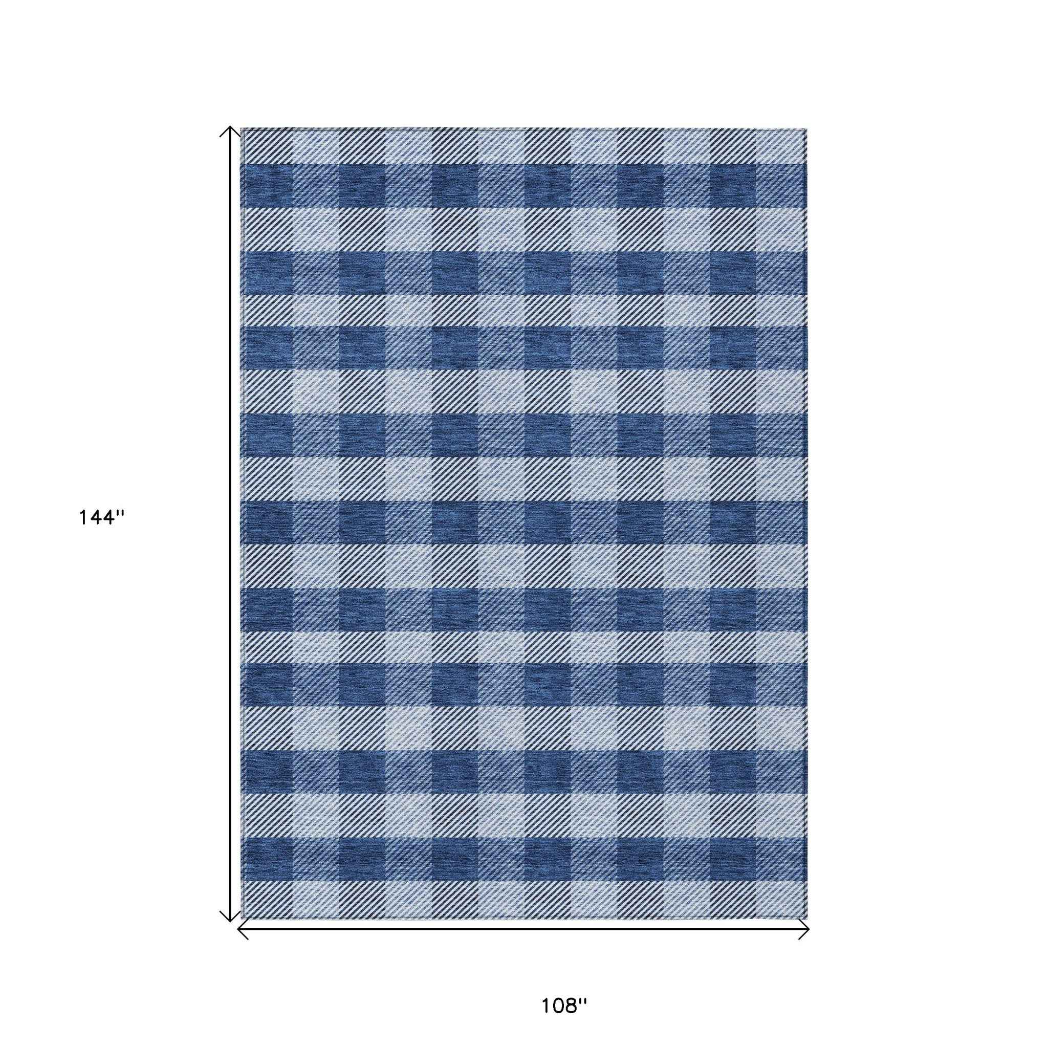 9' X 12' Navy Blue And Ivory Plaid Washable Indoor Outdoor Area Rug