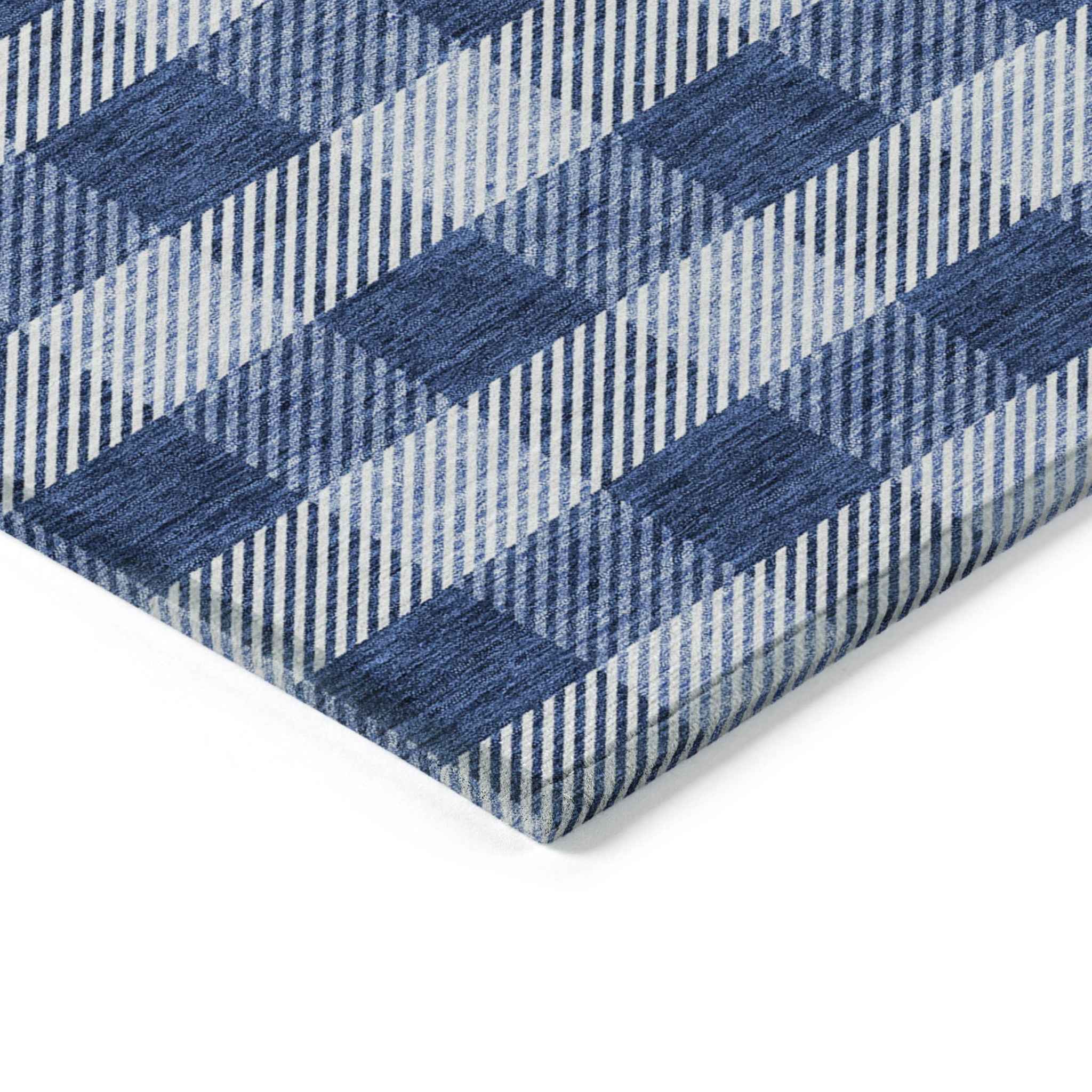 9' X 12' Navy Blue And Ivory Plaid Washable Indoor Outdoor Area Rug