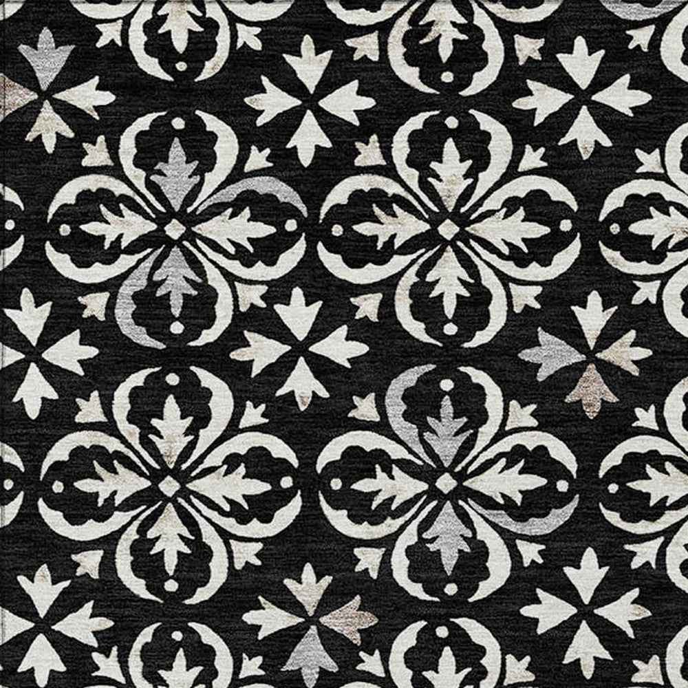 3' X 5' Black And Ivory Floral Washable Indoor Outdoor Area Rug