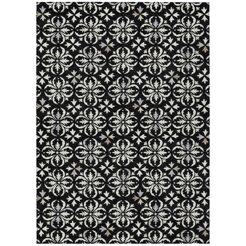 3' X 5' Black And Ivory Floral Washable Indoor Outdoor Area Rug