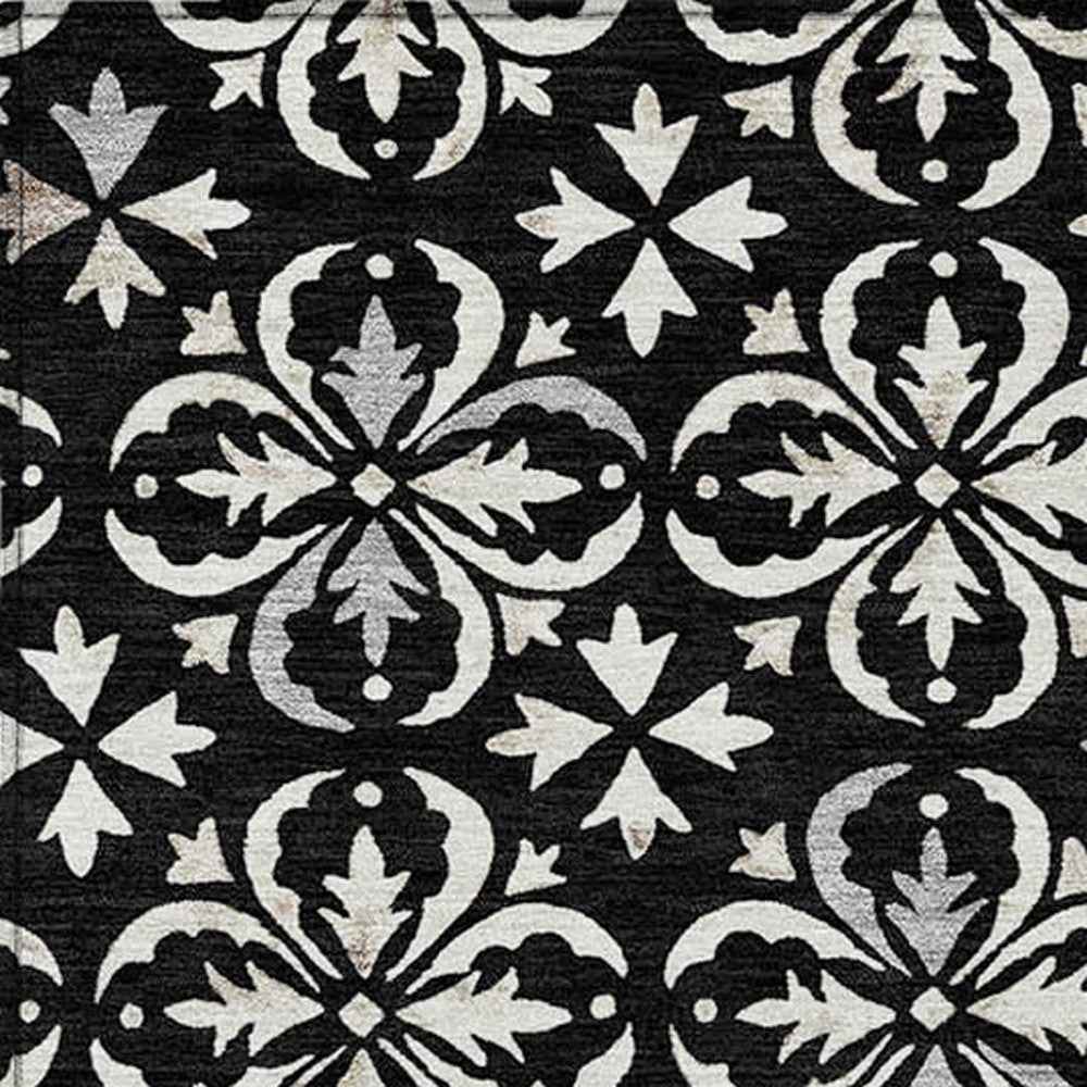 3' X 5' Black And Ivory Floral Washable Indoor Outdoor Area Rug