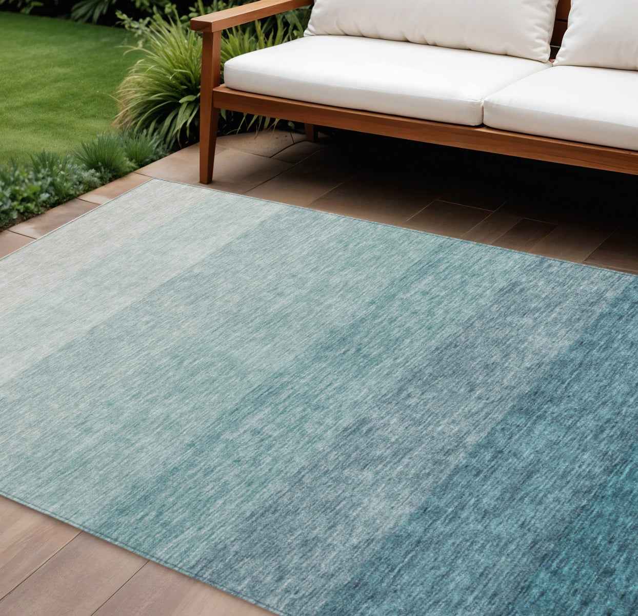 8' X 10' Teal Blue And Ivory Ombre Washable Indoor Outdoor Area Rug