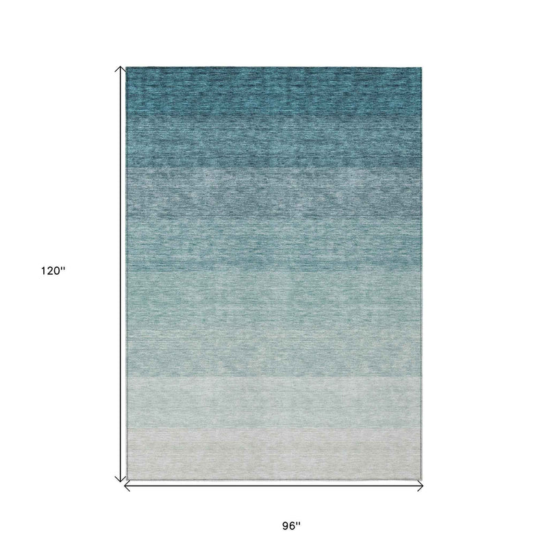 8' X 10' Teal Blue And Ivory Ombre Washable Indoor Outdoor Area Rug