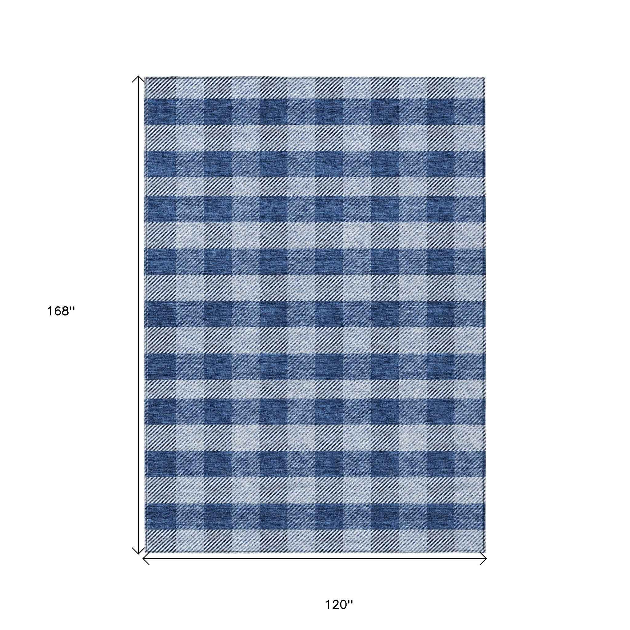 10' X 14' Navy Blue And Ivory Plaid Washable Indoor Outdoor Area Rug