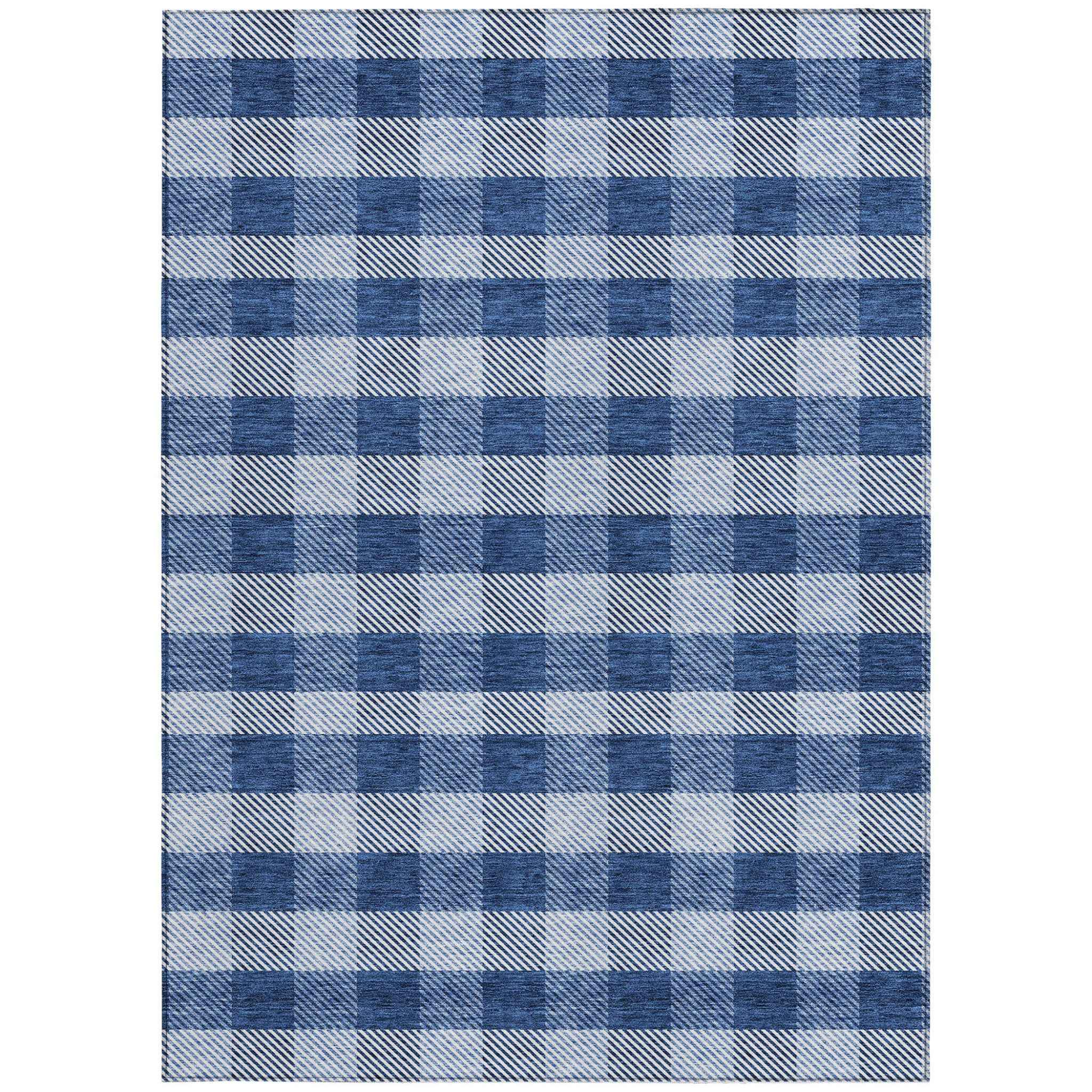 10' X 14' Navy Blue And Ivory Plaid Washable Indoor Outdoor Area Rug