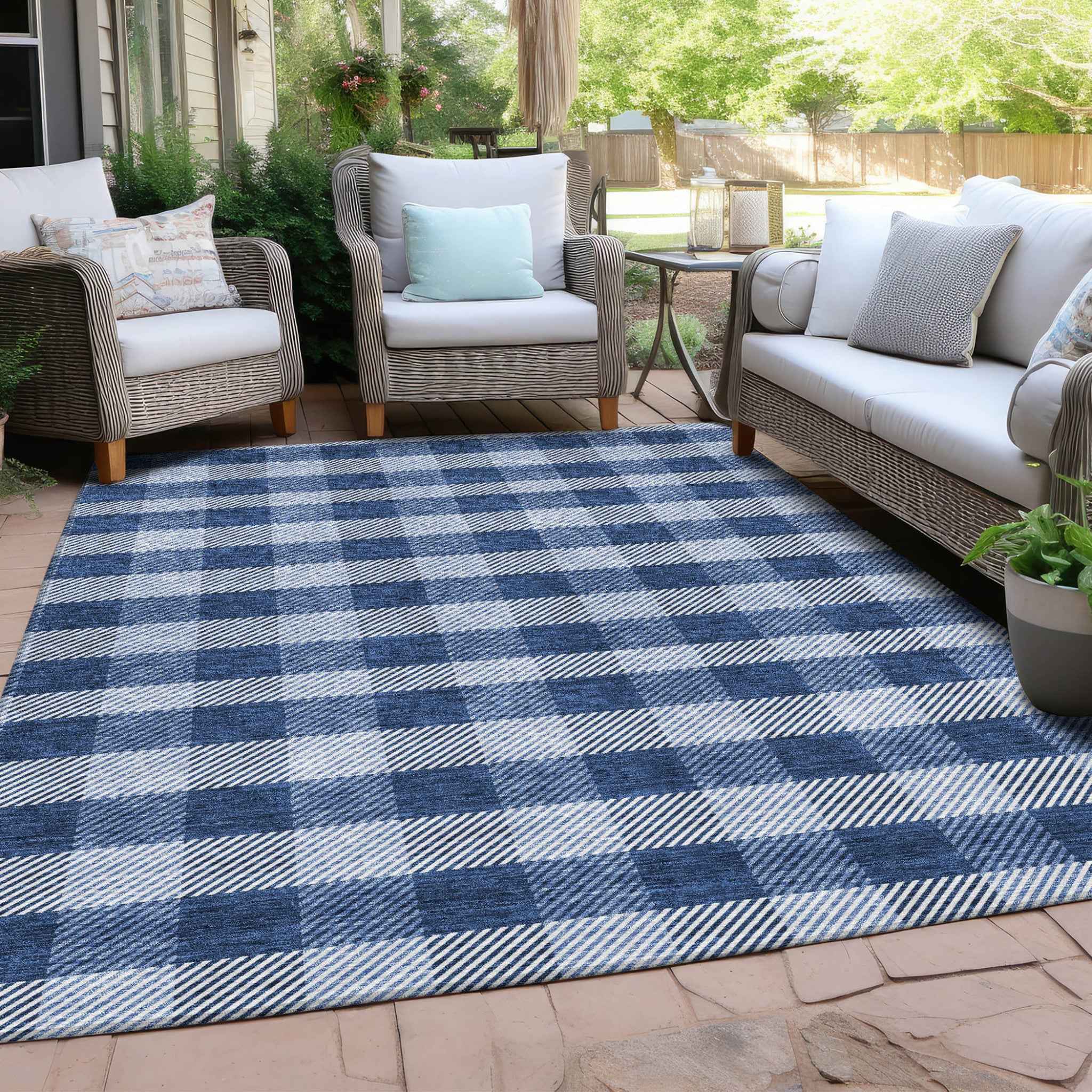 10' X 14' Navy Blue And Ivory Plaid Washable Indoor Outdoor Area Rug