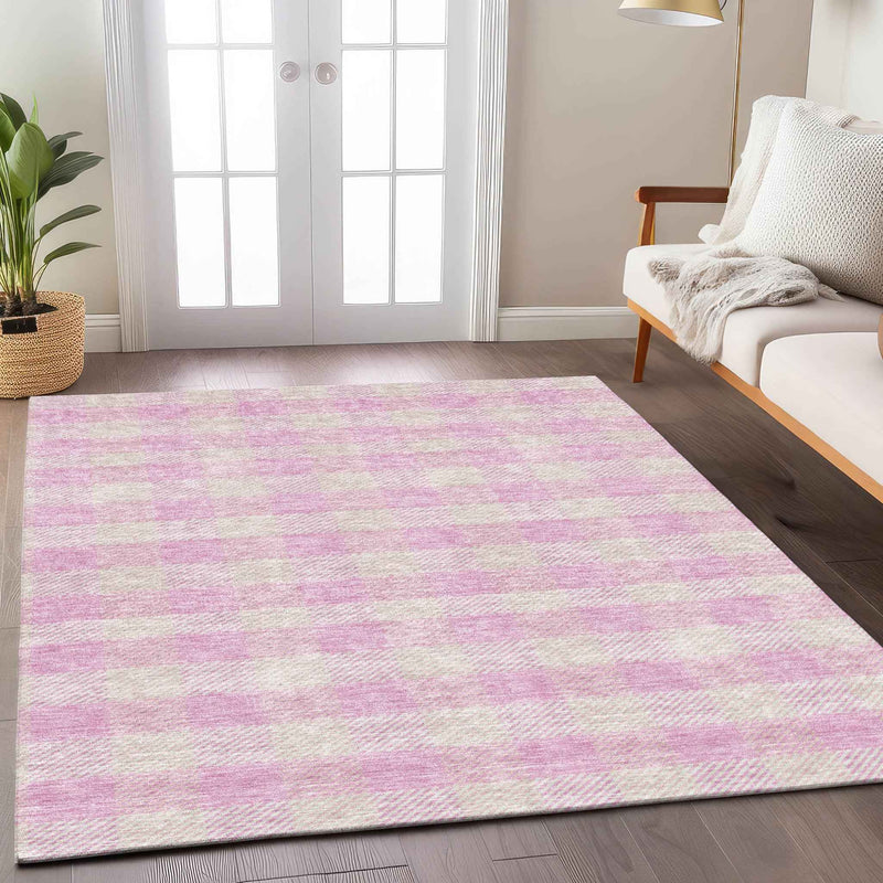 8' X 10' Pink And Gray Plaid Washable Indoor Outdoor Area Rug