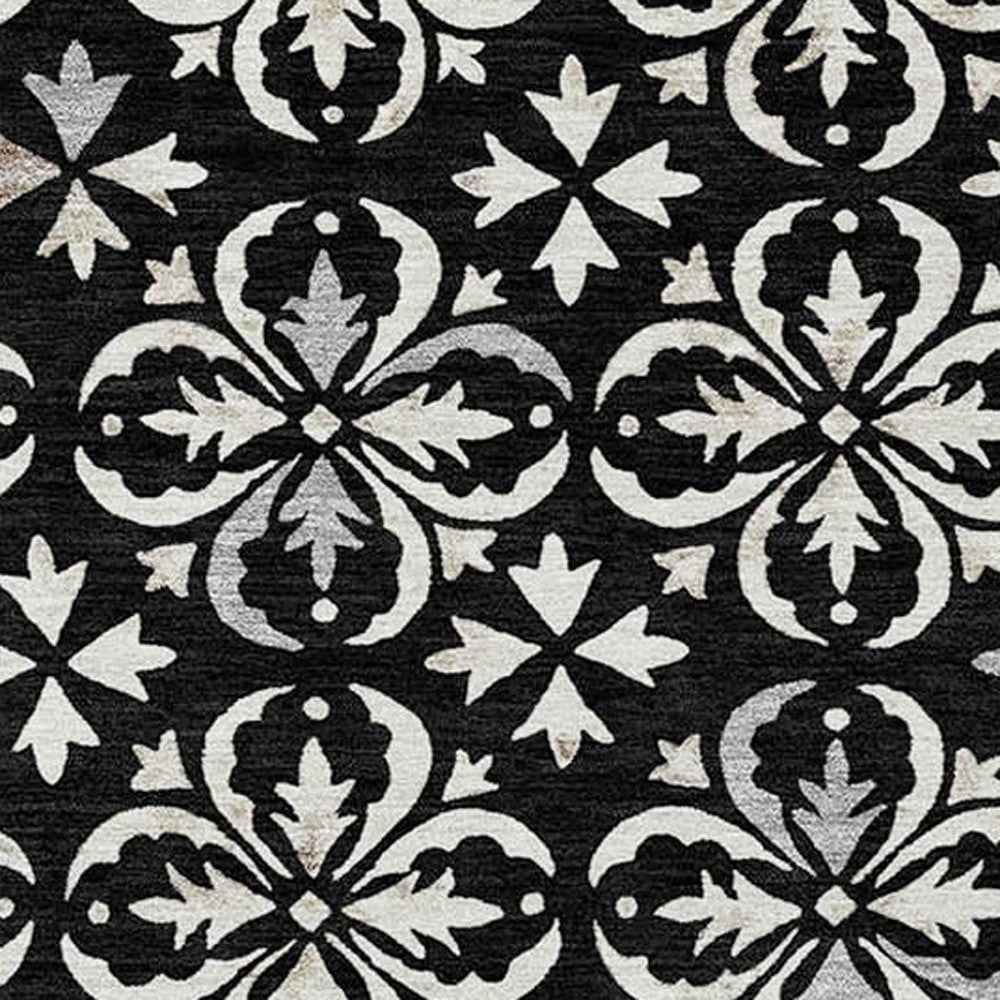 8' X 10' Black And Ivory Floral Washable Indoor Outdoor Area Rug