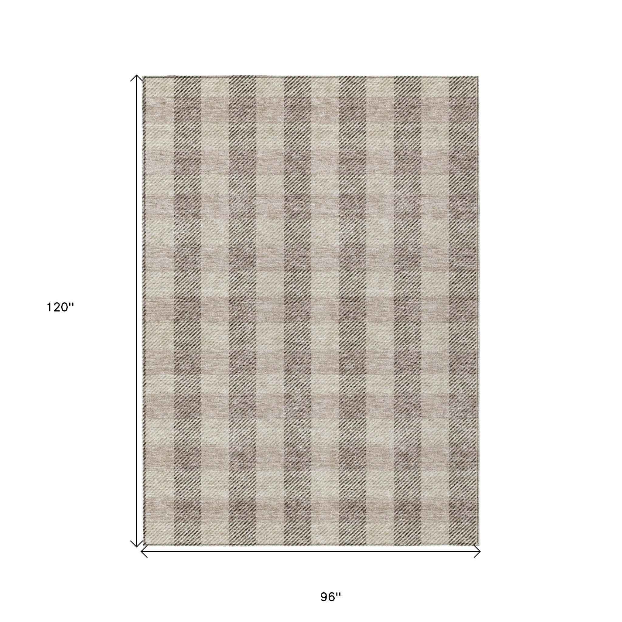 8' X 10' Beige And Brown Plaid Washable Indoor Outdoor Area Rug
