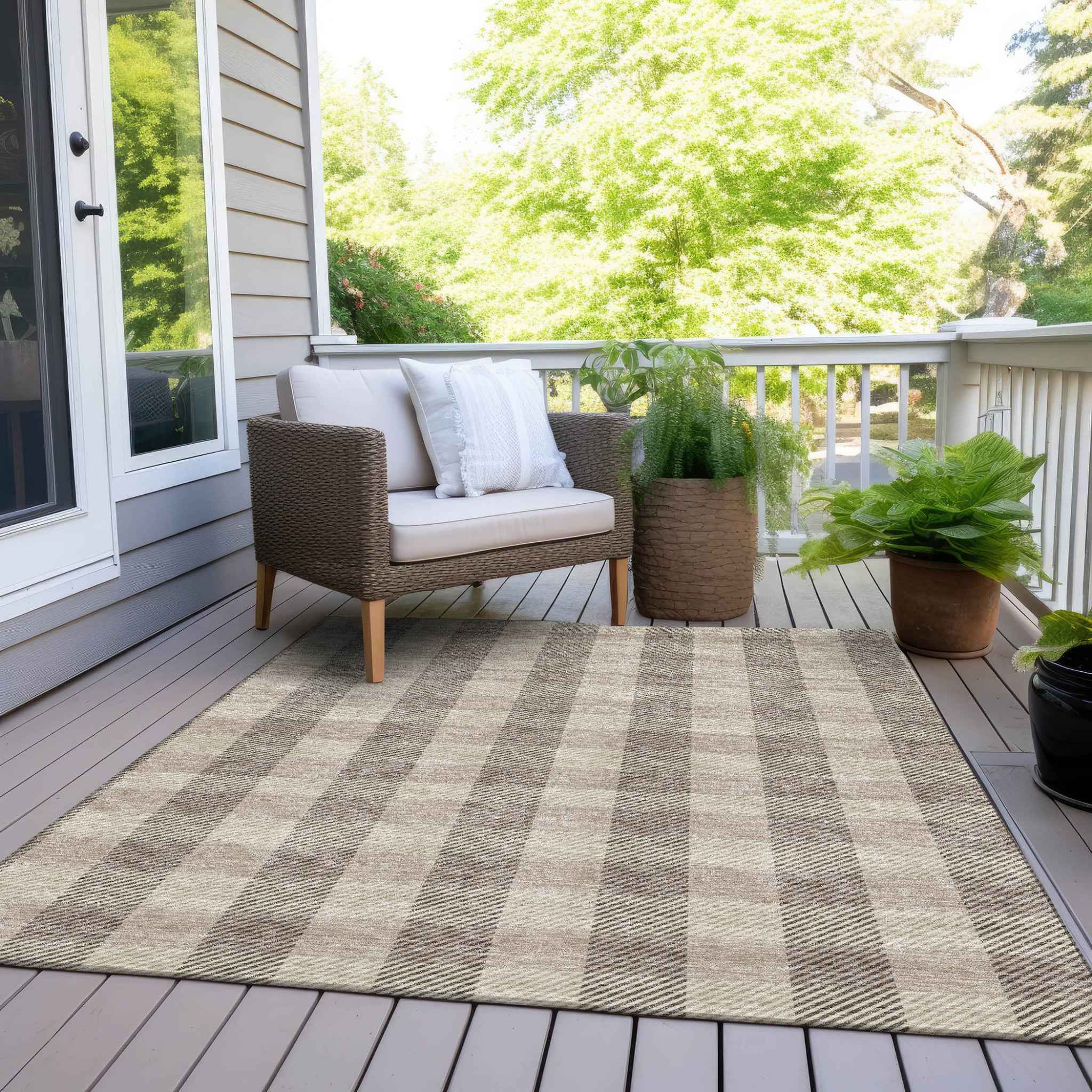 8' X 10' Beige And Brown Plaid Washable Indoor Outdoor Area Rug