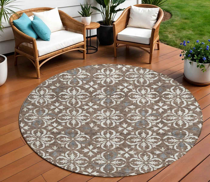 8' Brown Gray And Beige Round Floral Washable Indoor Outdoor Area Rug