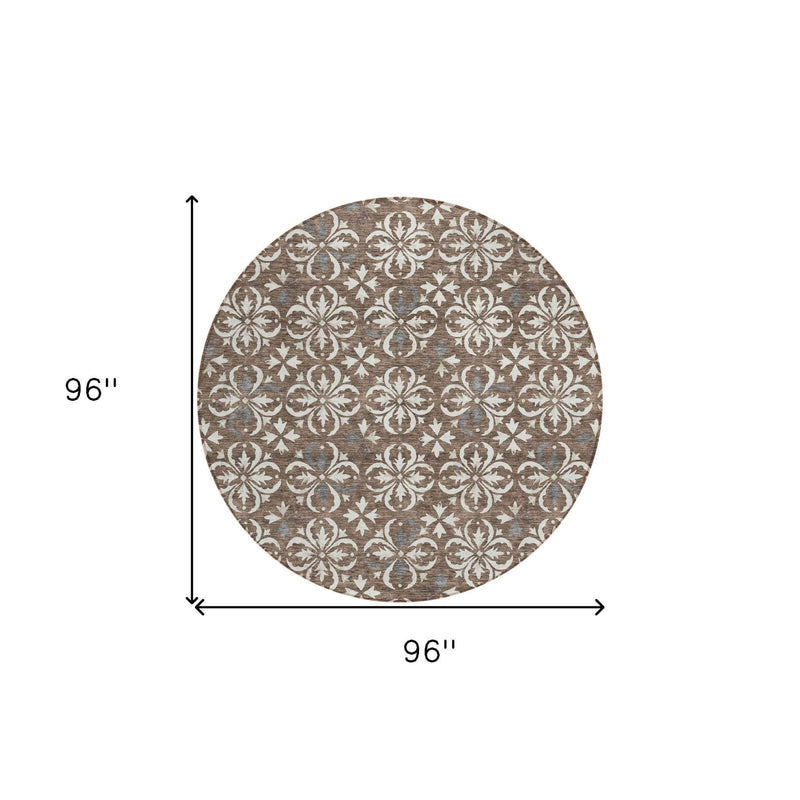 8' Brown Gray And Beige Round Floral Washable Indoor Outdoor Area Rug