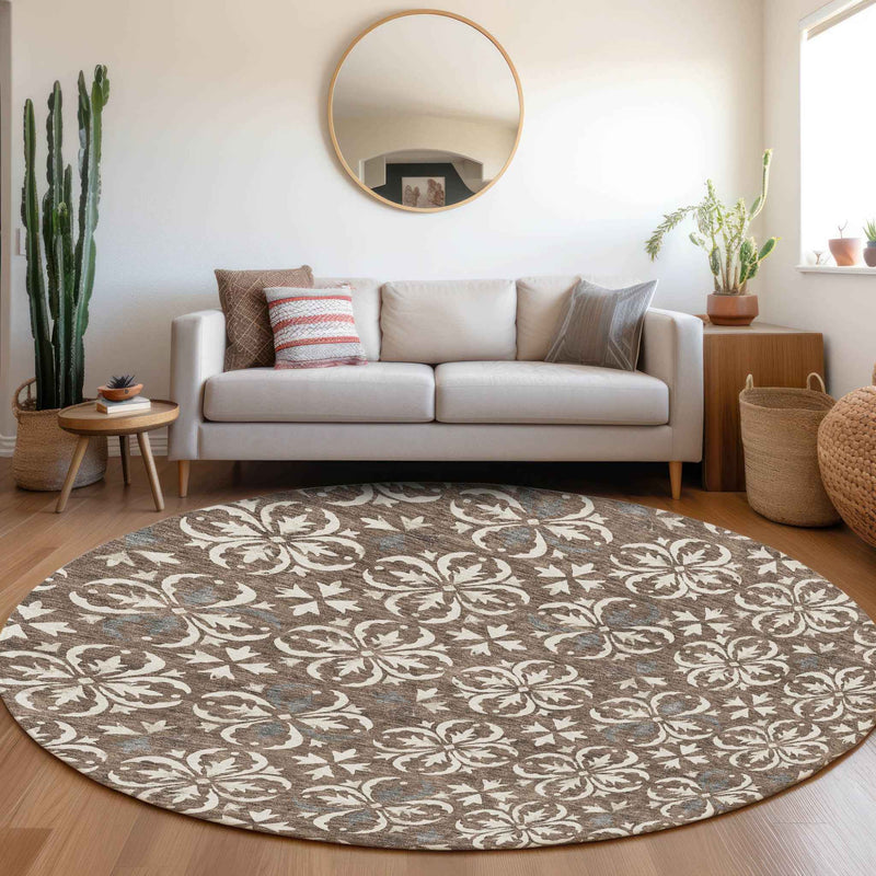 8' Brown Gray And Beige Round Floral Washable Indoor Outdoor Area Rug