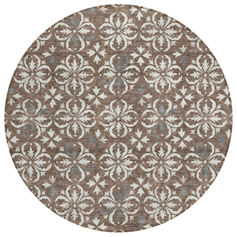 8' Brown Gray And Beige Round Floral Washable Indoor Outdoor Area Rug