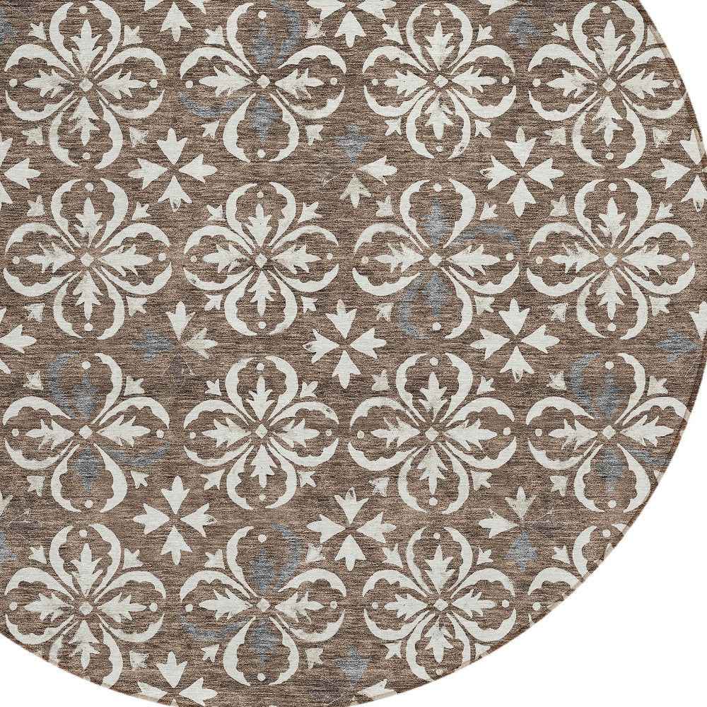 8' Brown Gray And Beige Round Floral Washable Indoor Outdoor Area Rug