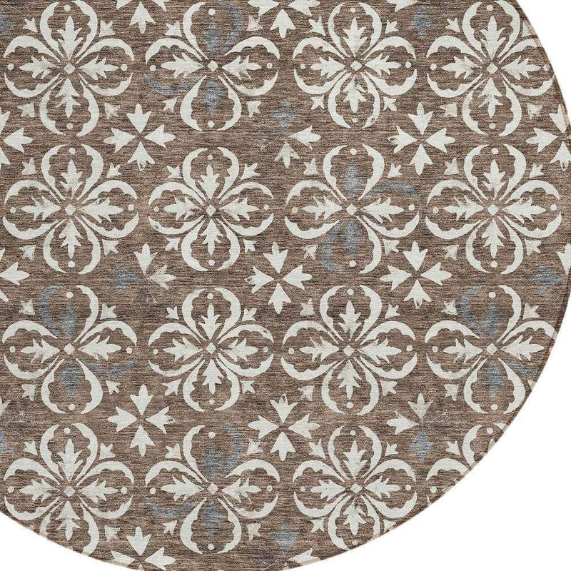 8' Brown Gray And Beige Round Floral Washable Indoor Outdoor Area Rug