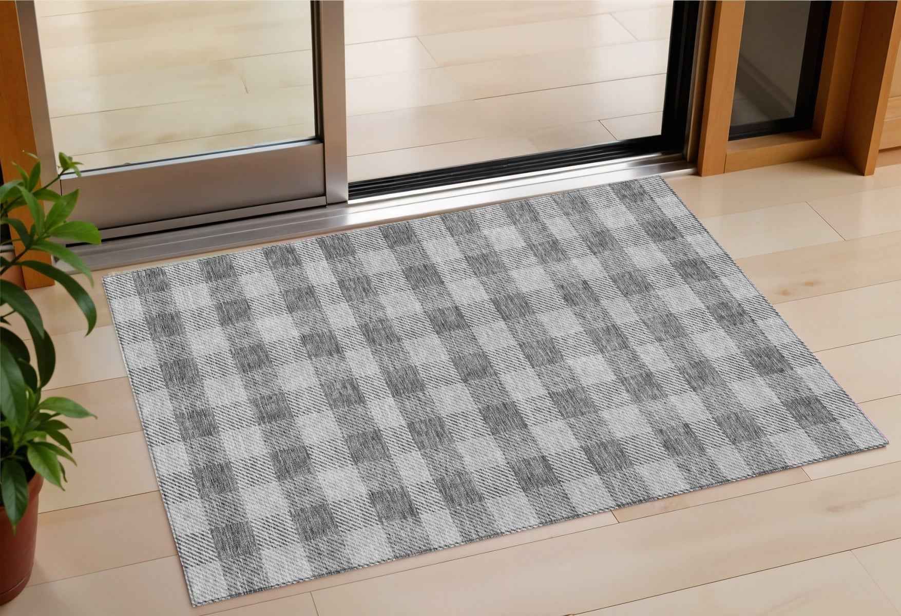 3' X 5' Gray And Charcoal Plaid Washable Indoor Outdoor Area Rug