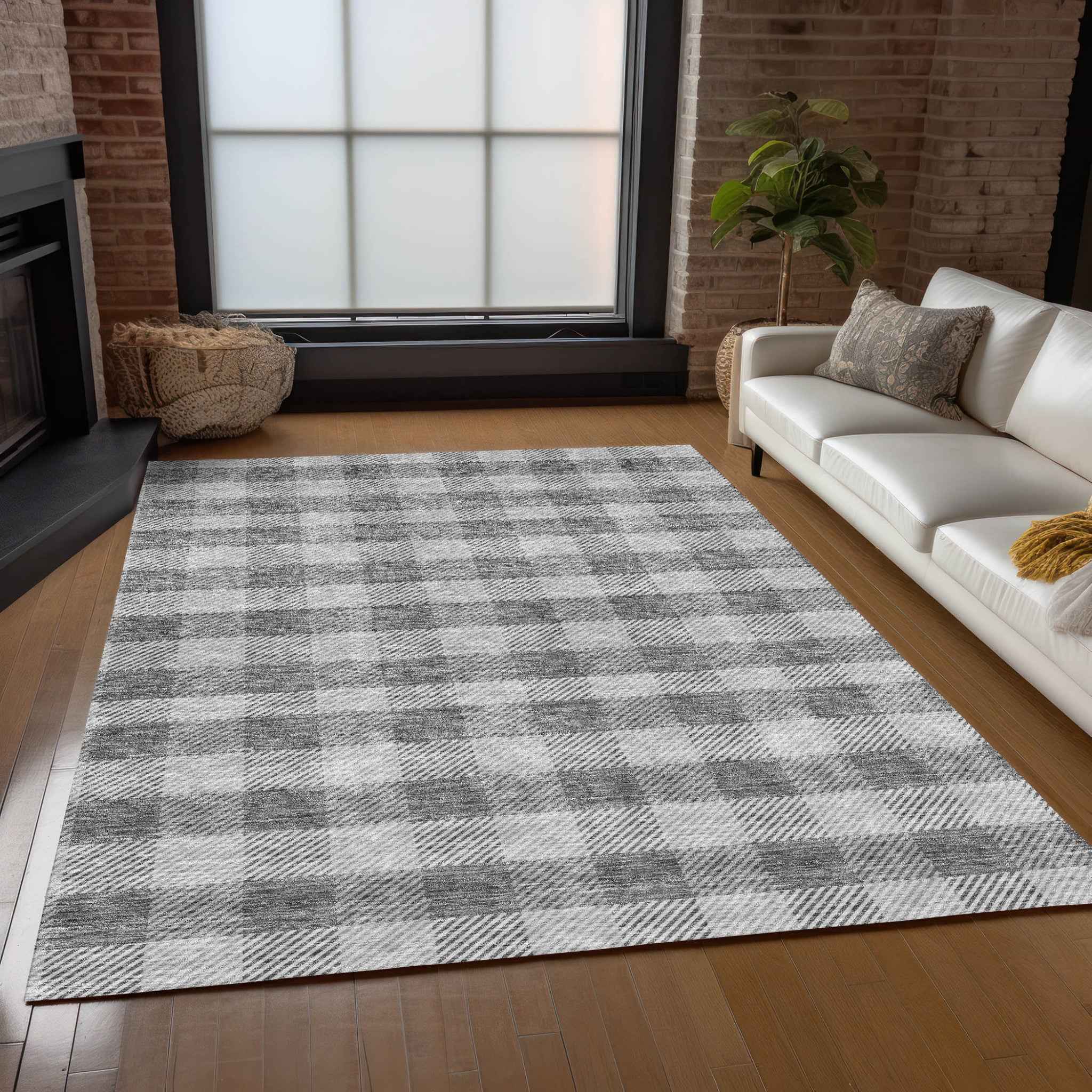 3' X 5' Gray And Charcoal Plaid Washable Indoor Outdoor Area Rug