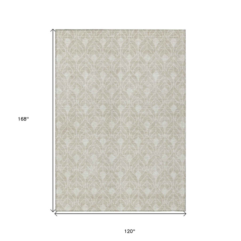 10' X 14' Beige And Ivory Geometric Washable Indoor Outdoor Area Rug