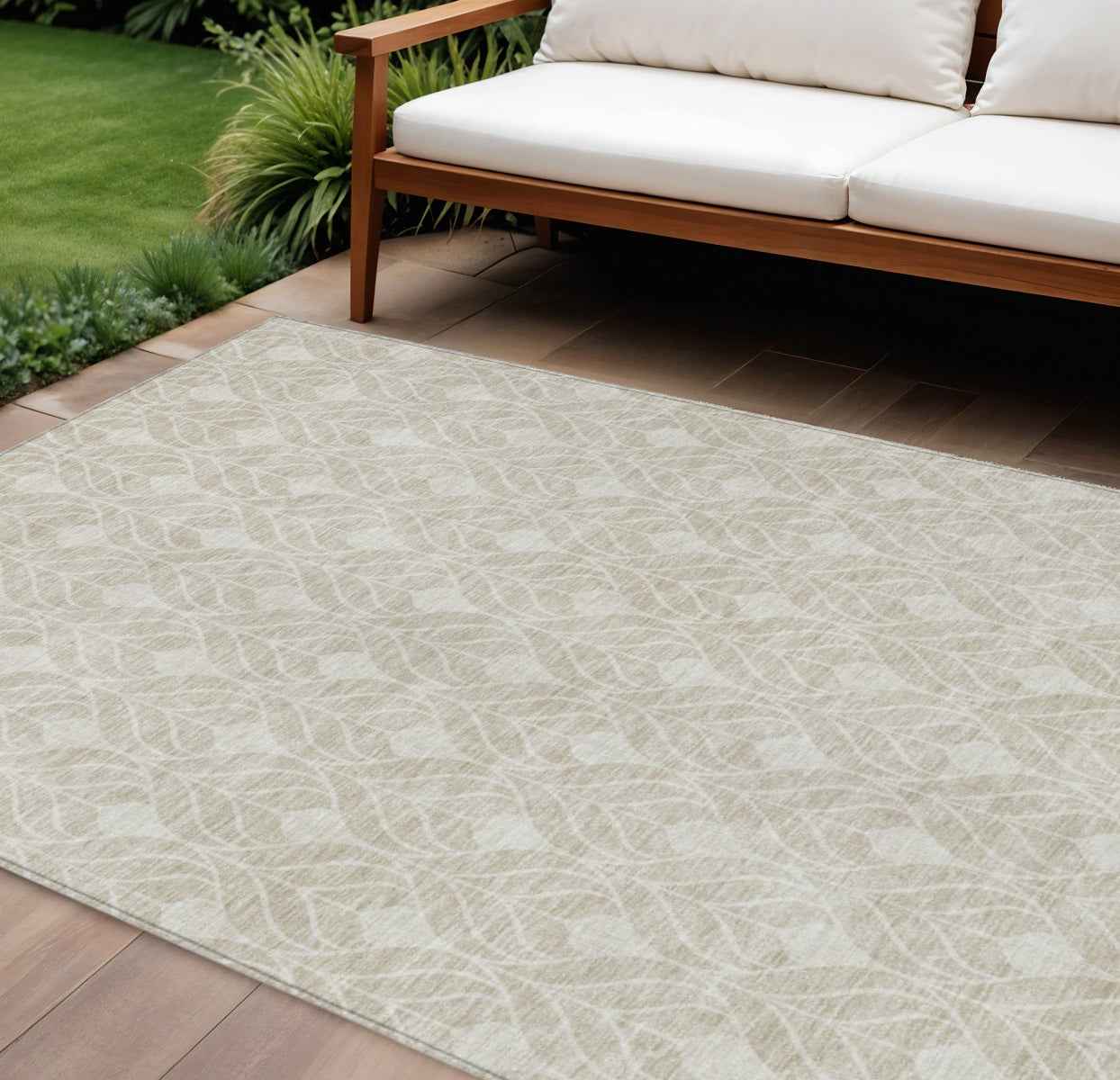 10' X 14' Beige And Ivory Geometric Washable Indoor Outdoor Area Rug