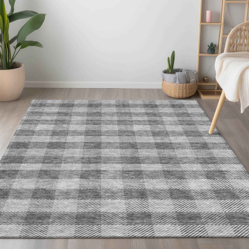 8' X 10' Gray And Charcoal Plaid Washable Indoor Outdoor Area Rug