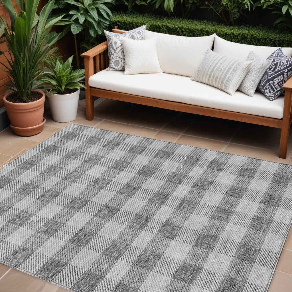 8' X 10' Gray And Charcoal Plaid Washable Indoor Outdoor Area Rug