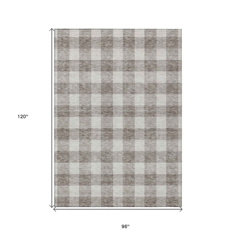 8' X 10' Taupe And Gray Plaid Washable Indoor Outdoor Area Rug
