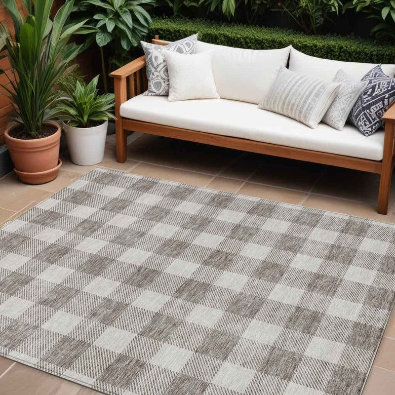 8' X 10' Taupe And Gray Plaid Washable Indoor Outdoor Area Rug