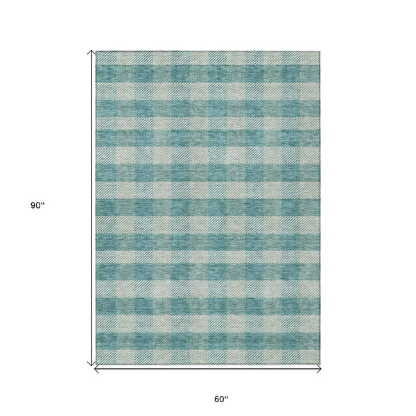 5' X 8' Teal Blue And Ivory Plaid Washable Indoor Outdoor Area Rug