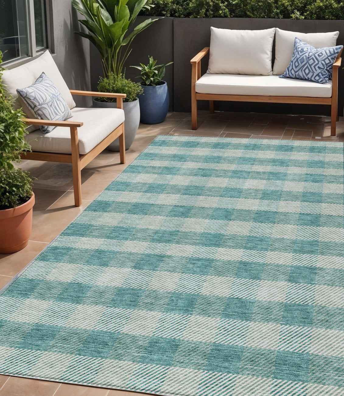 5' X 8' Teal Blue And Ivory Plaid Washable Indoor Outdoor Area Rug