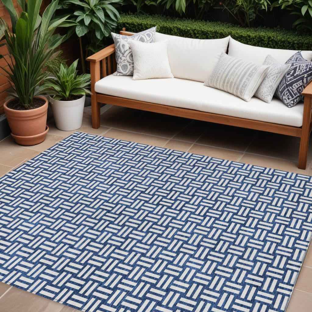9' X 12' Navy Blue And Ivory Geometric Washable Indoor Outdoor Area Rug