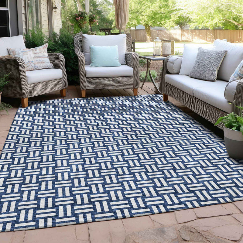 9' X 12' Navy Blue And Ivory Geometric Washable Indoor Outdoor Area Rug