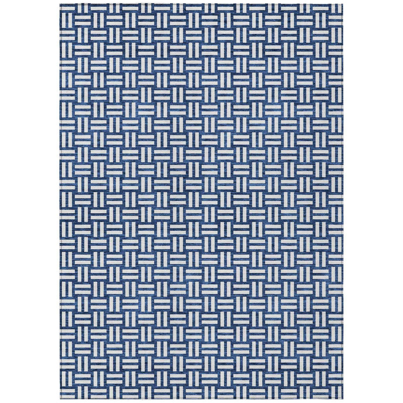 9' X 12' Navy Blue And Ivory Geometric Washable Indoor Outdoor Area Rug