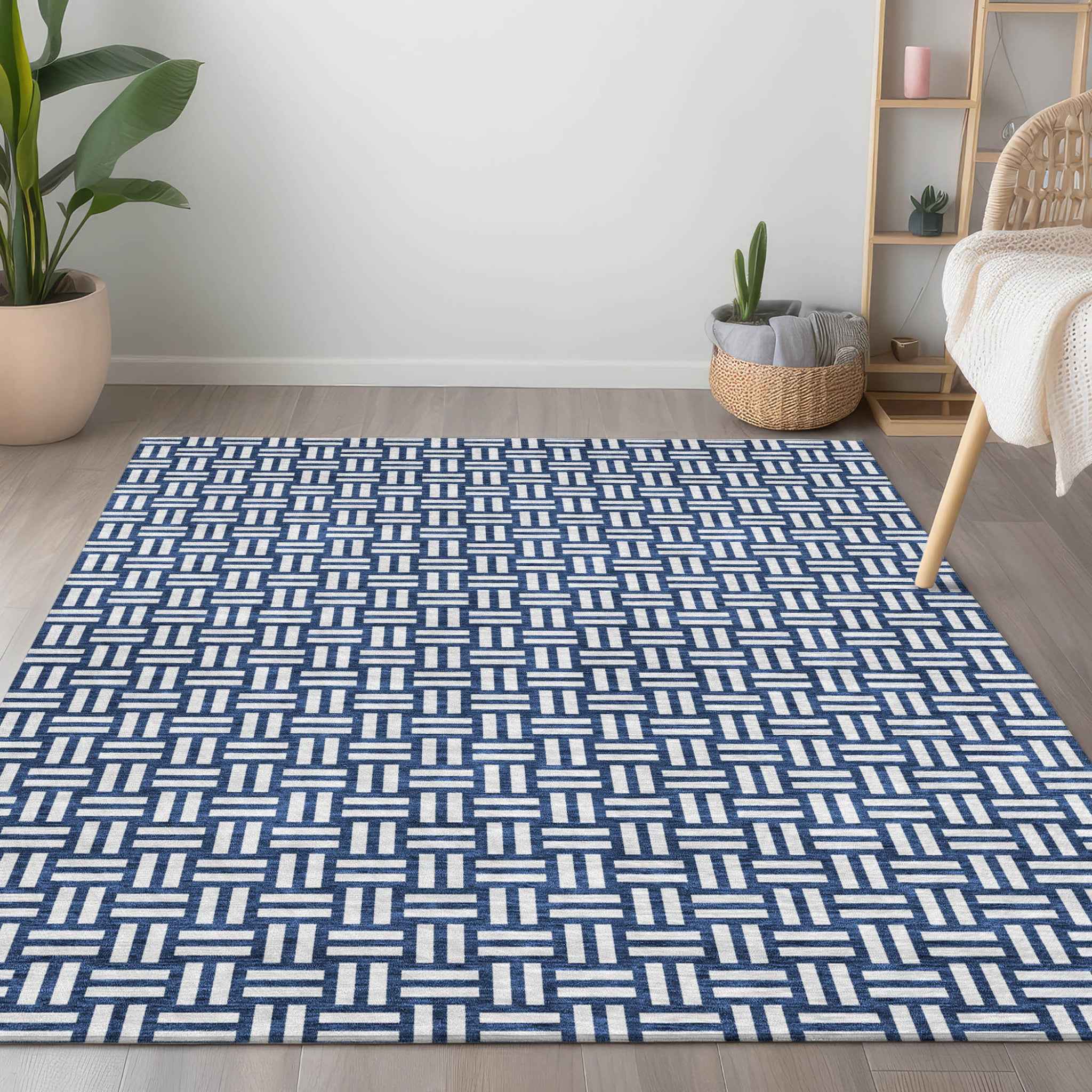 9' X 12' Navy Blue And Ivory Geometric Washable Indoor Outdoor Area Rug