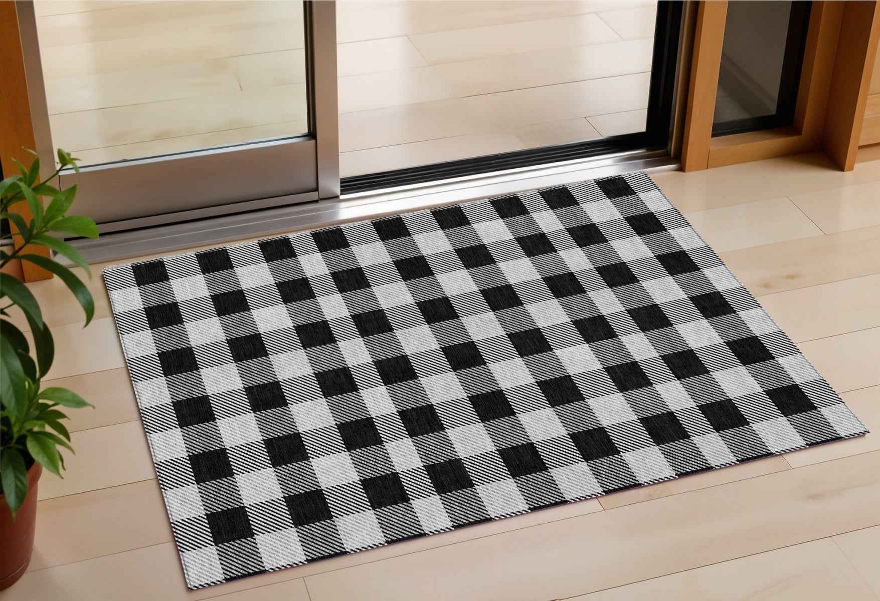 3' X 5' Black Gray And Ivory Plaid Washable Indoor Outdoor Area Rug