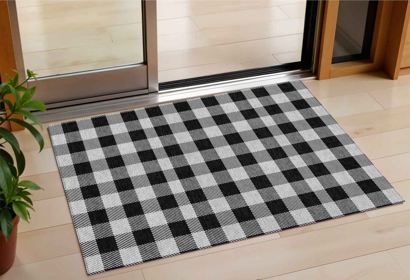 3' X 5' Black Gray And Ivory Plaid Washable Indoor Outdoor Area Rug