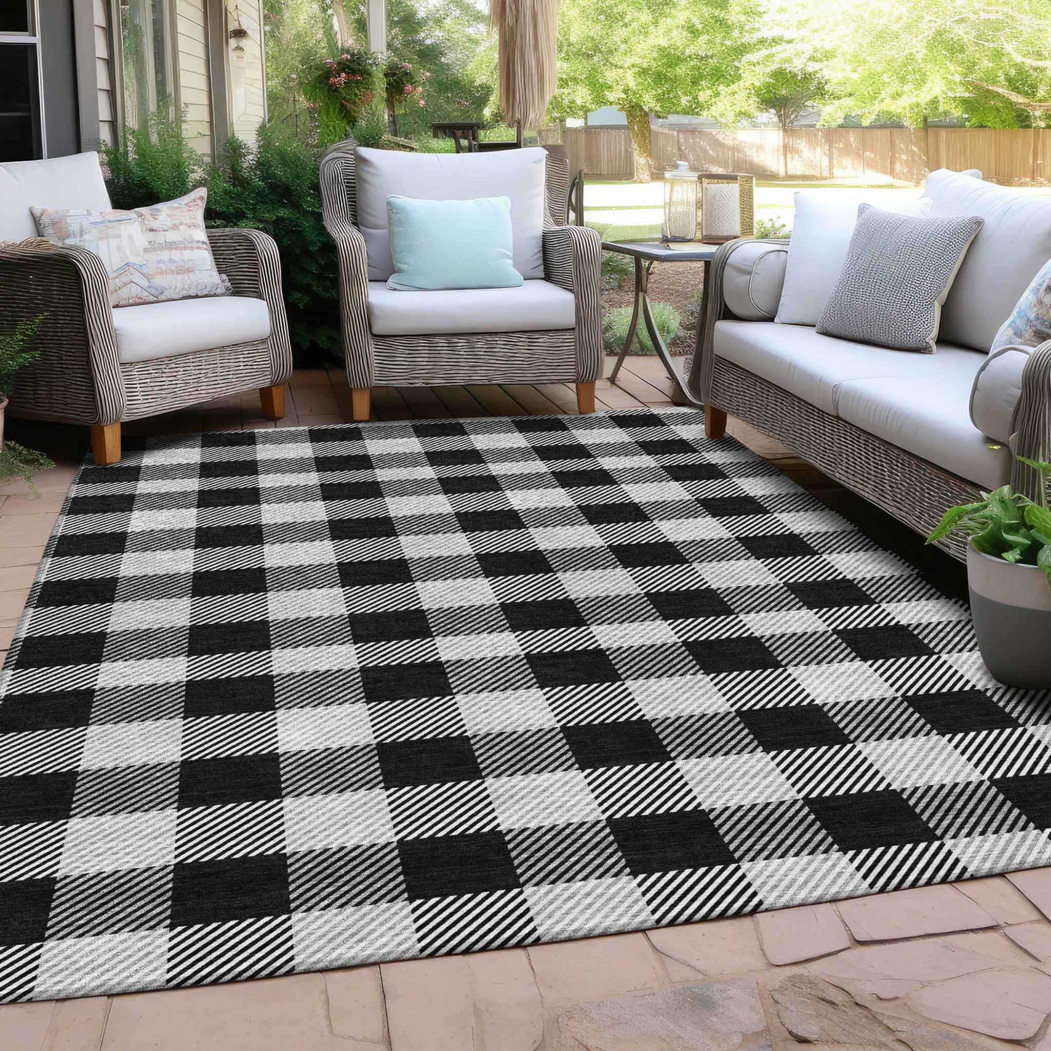 3' X 5' Black Gray And Ivory Plaid Washable Indoor Outdoor Area Rug
