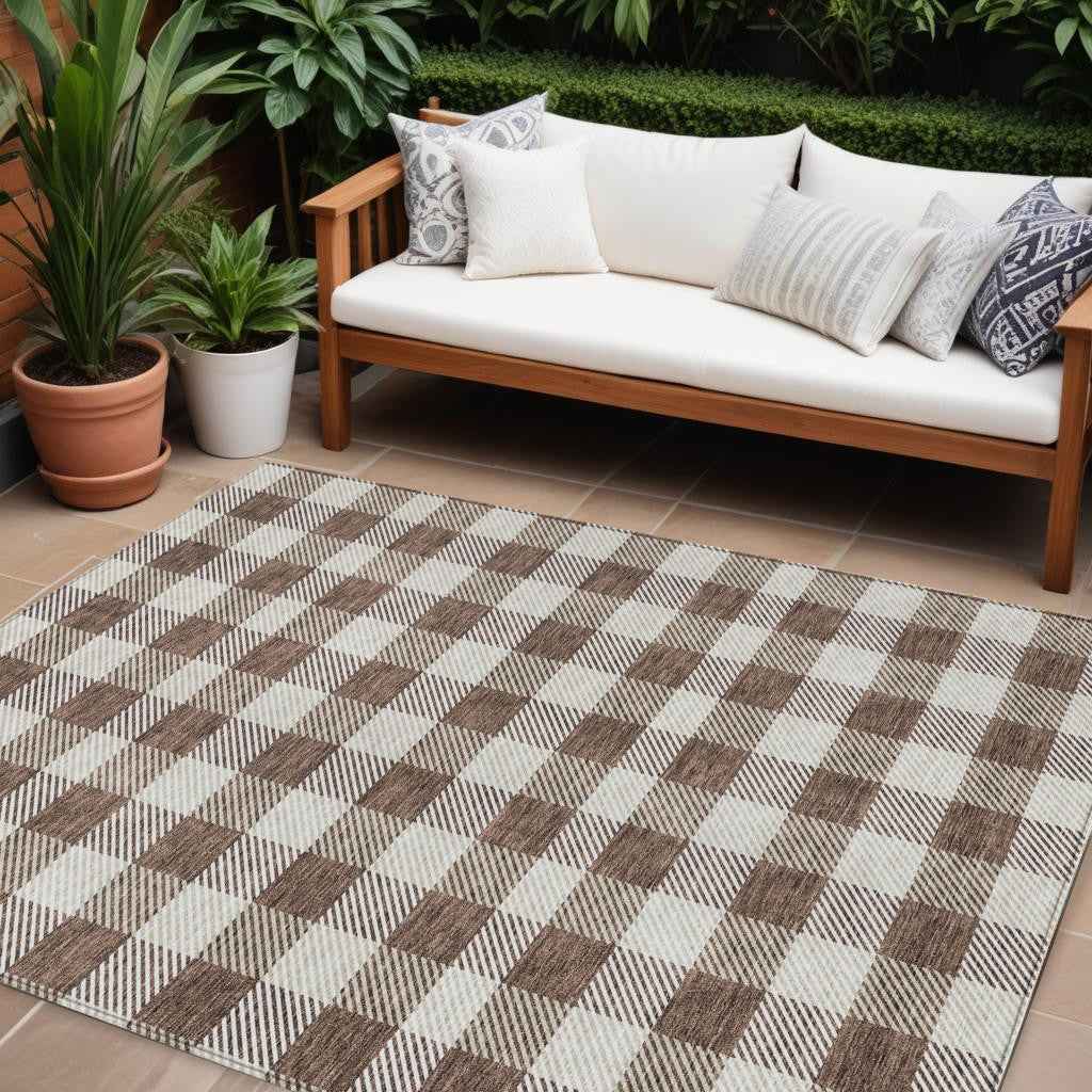 8' X 10' Brown And Beige Plaid Washable Indoor Outdoor Area Rug