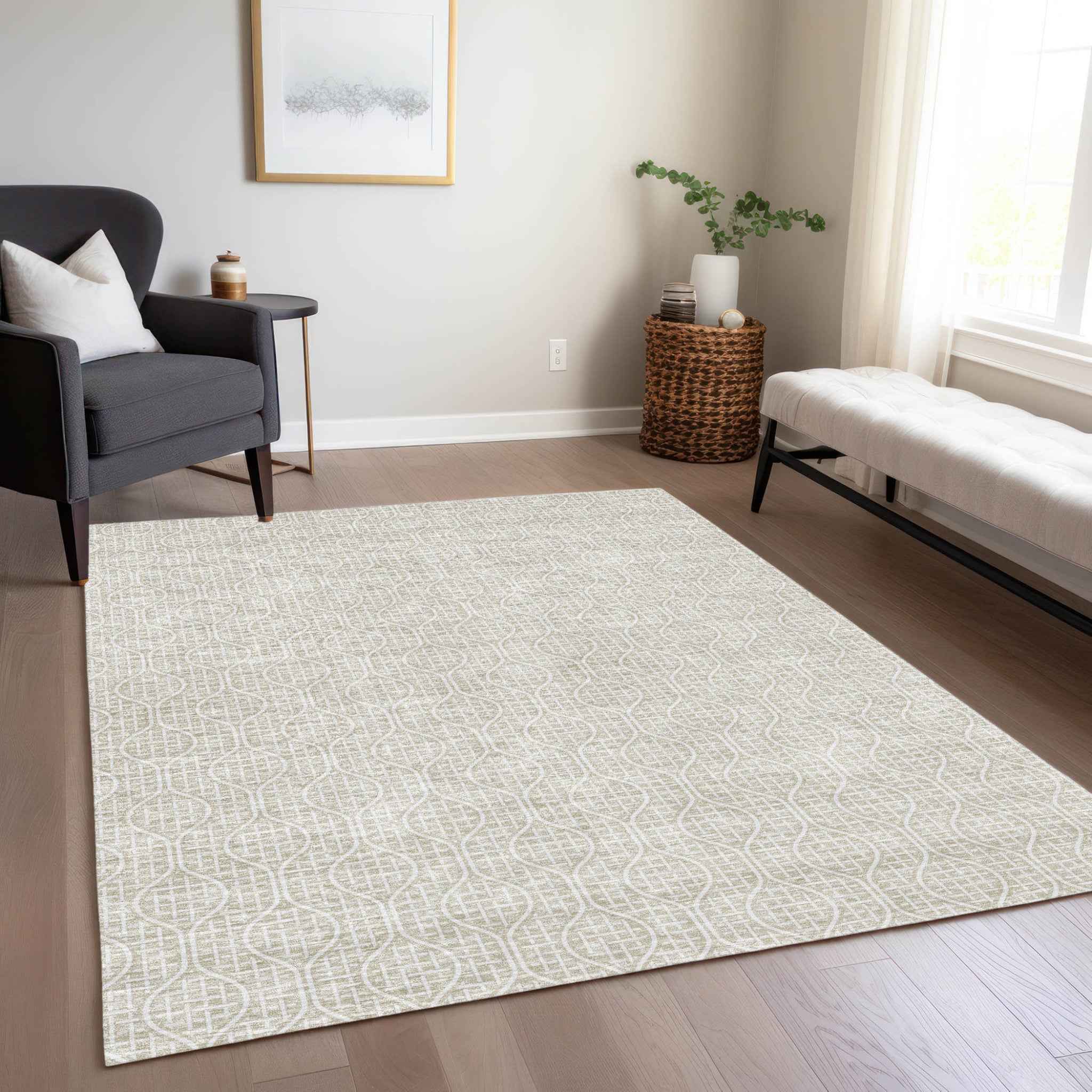 9' X 12' Beige And Ivory Geometric Washable Indoor Outdoor Area Rug