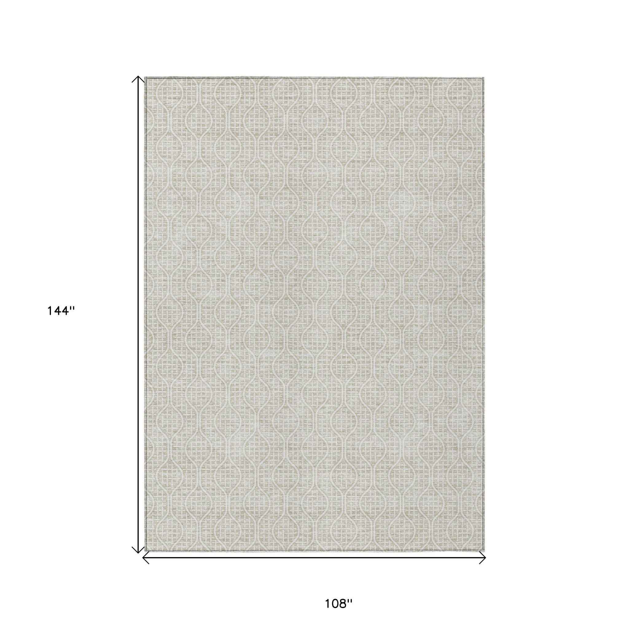 9' X 12' Beige And Ivory Geometric Washable Indoor Outdoor Area Rug